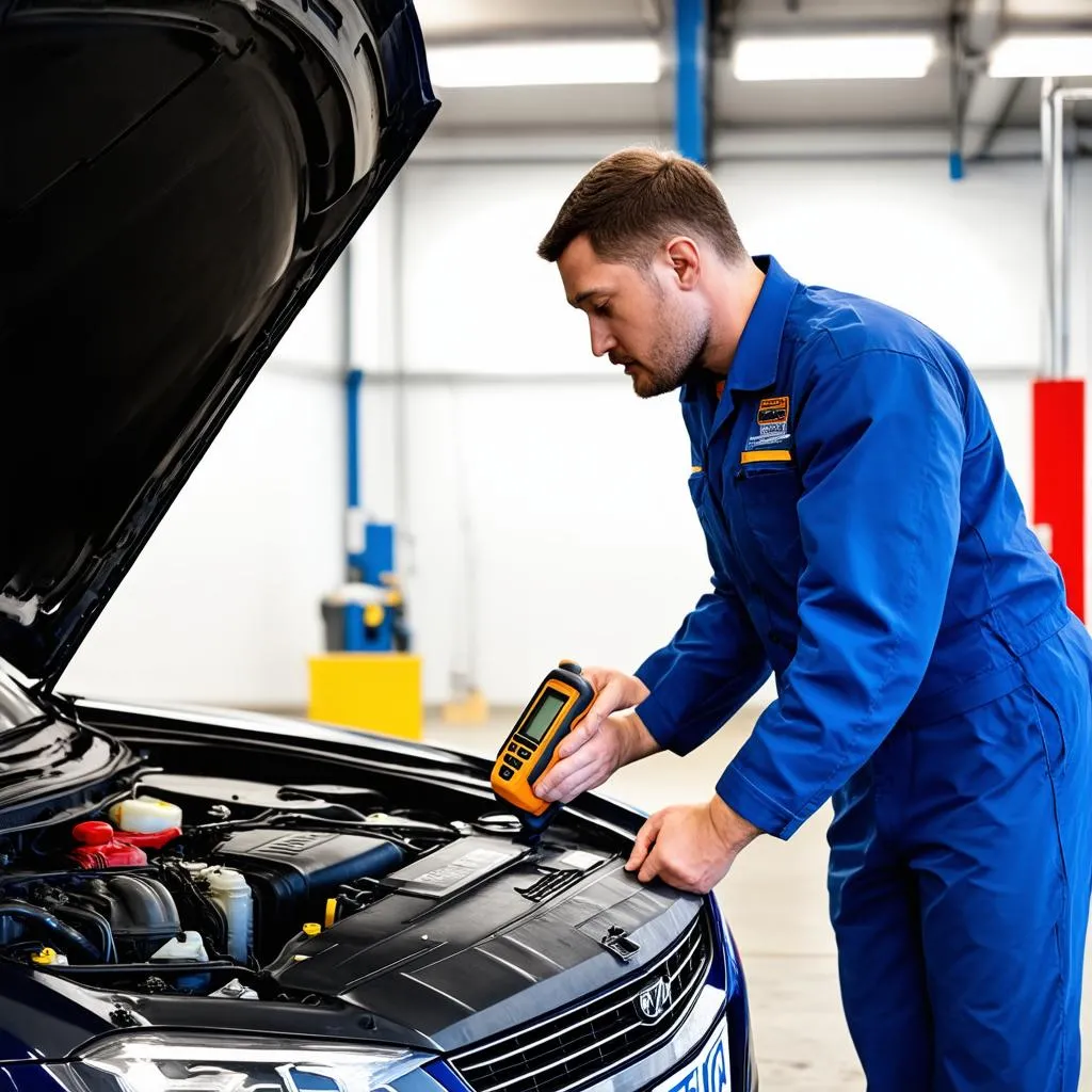 Mechanic inspecting a car engine in a repair shop