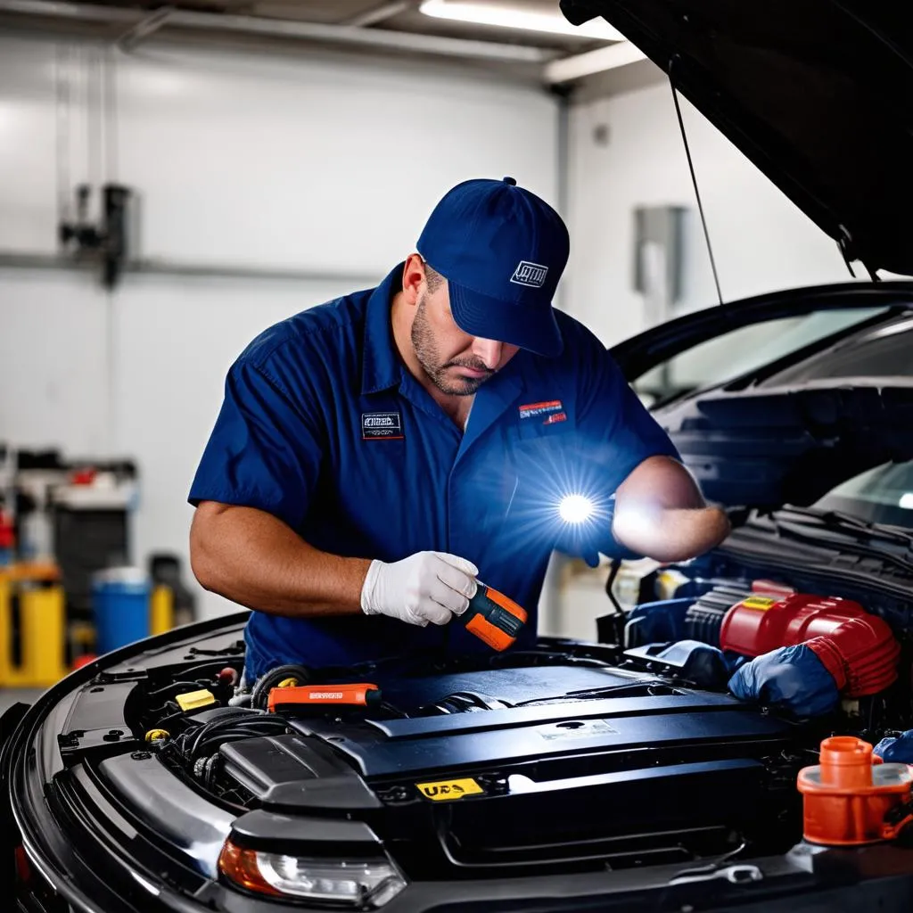 car mechanic inspecting engine