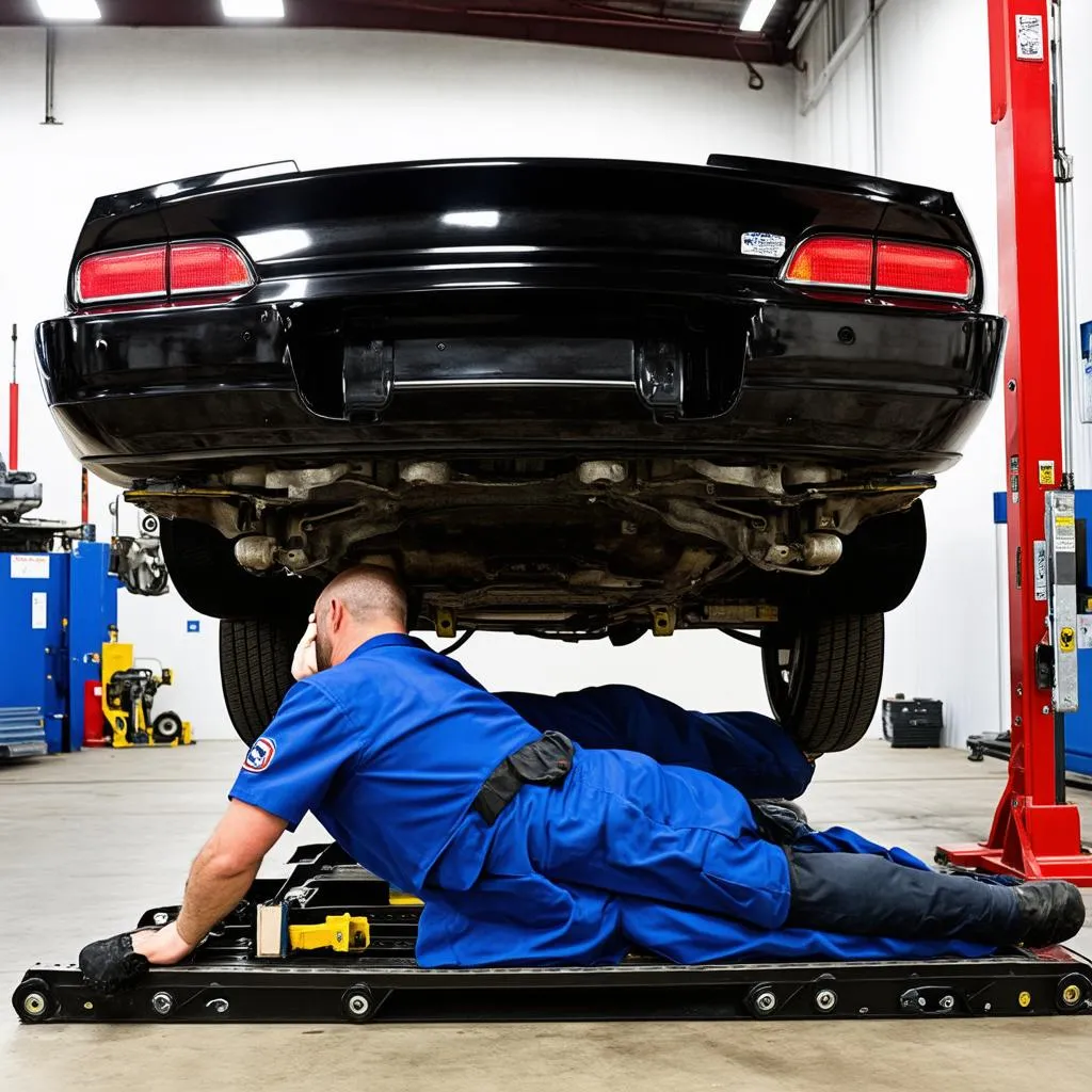 Mechanic inspecting a car on a lift