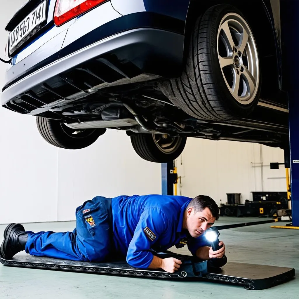 Mechanic inspecting the undercarriage of a car on a lift