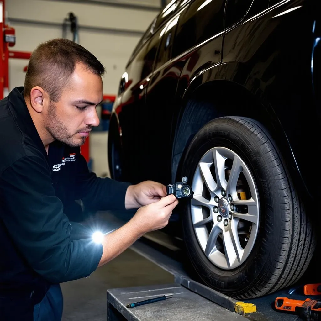 Mechanic Inspecting Car Wheel Sensor