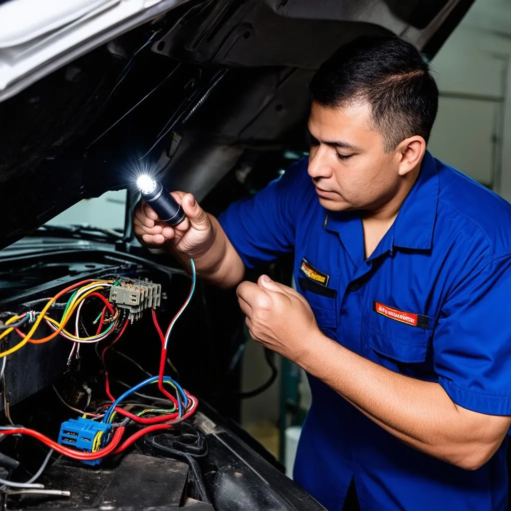 Mechanic Inspecting Car Wiring