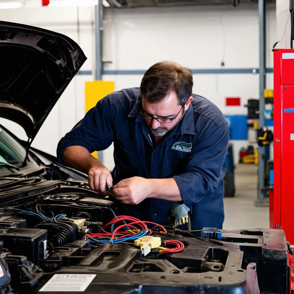 Mechanic Inspecting Car Wiring