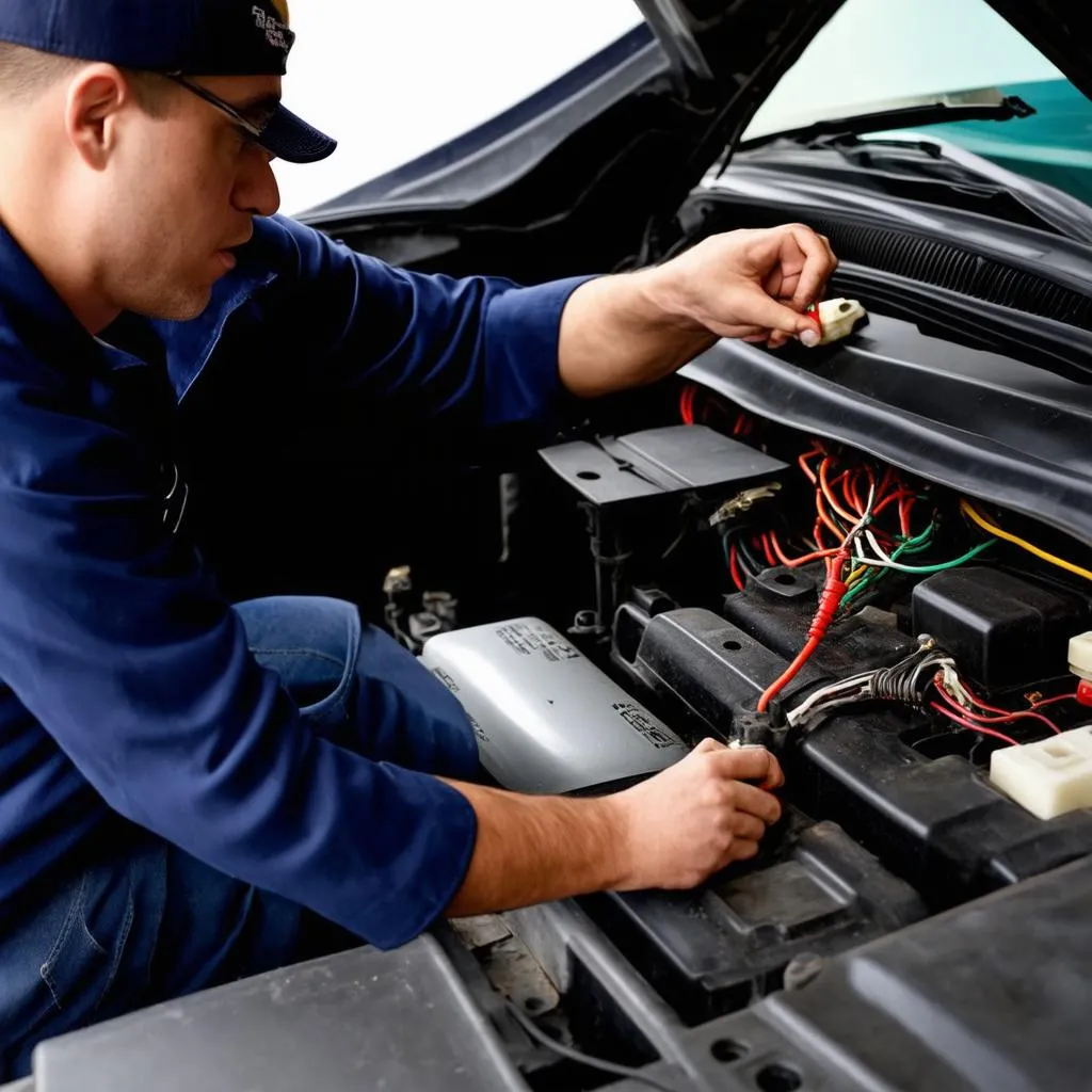 Mechanic Inspecting Car Wiring