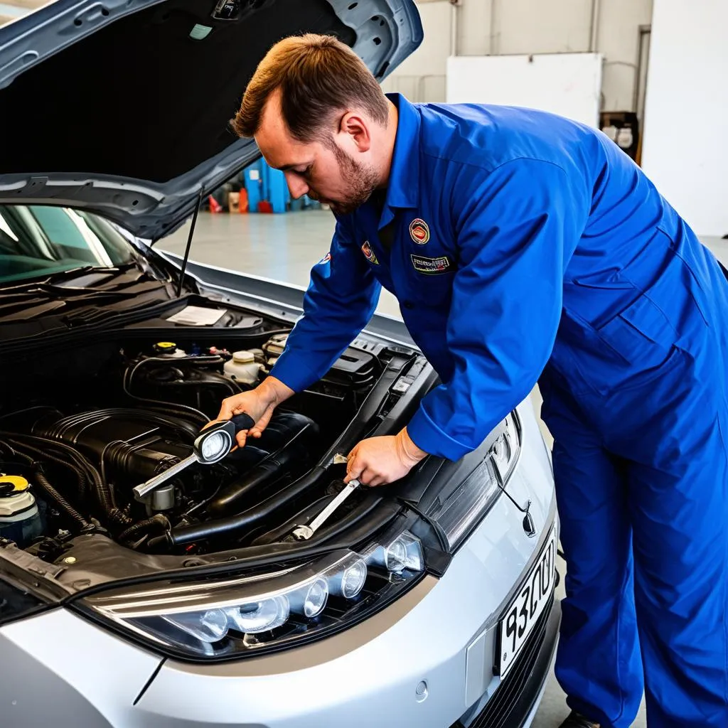 Mechanic inspecting engine bay