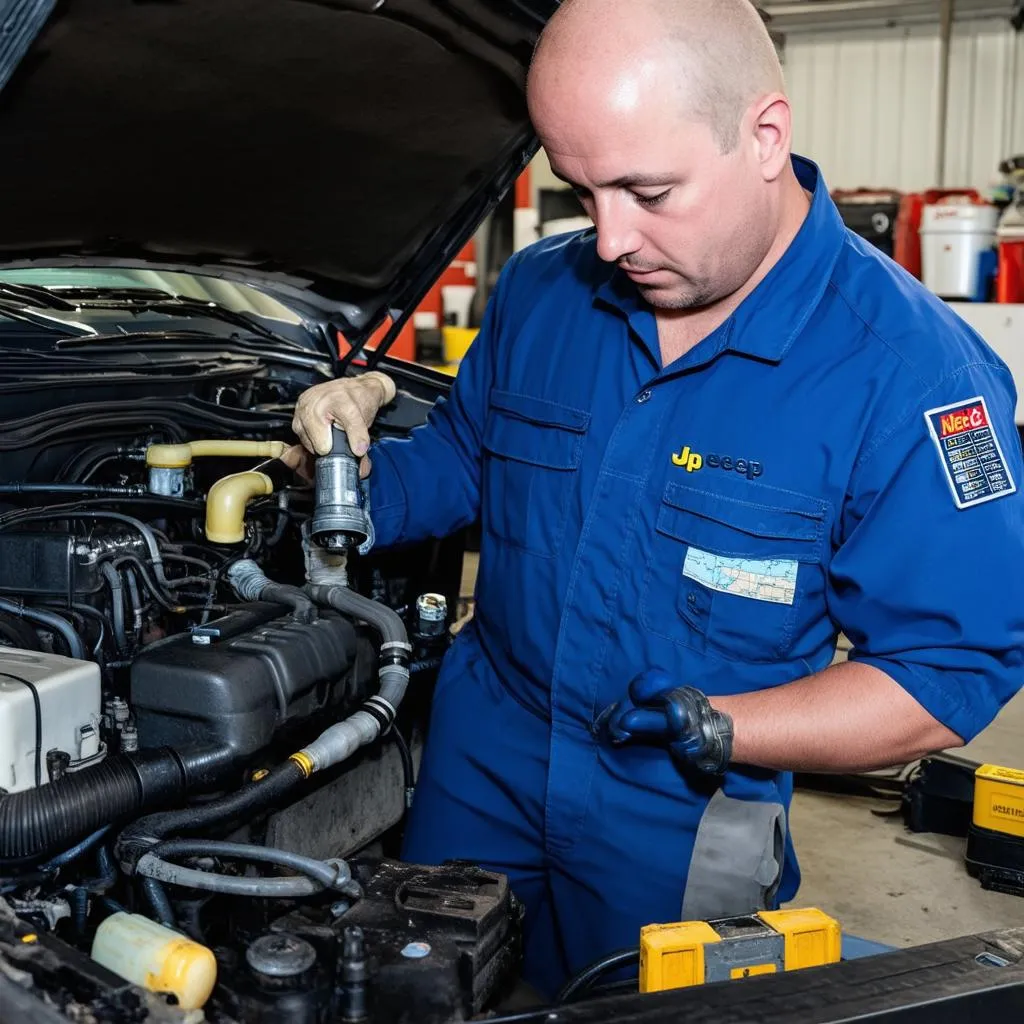 Mechanic Inspecting Jeep Cherokee Engine