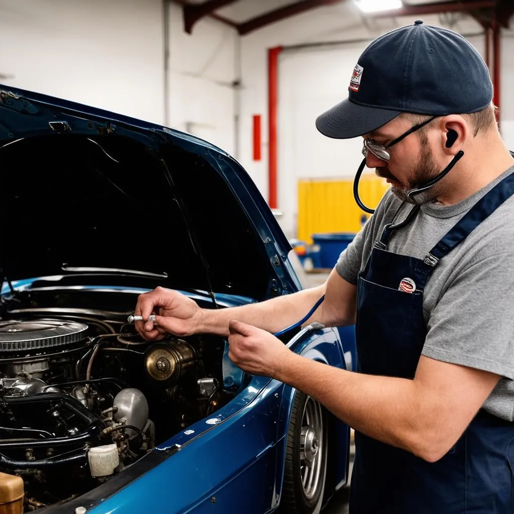 A mechanic with a stethoscope listens intently to the engine of a classic car, his face etched with concentration as he diagnoses a problem.