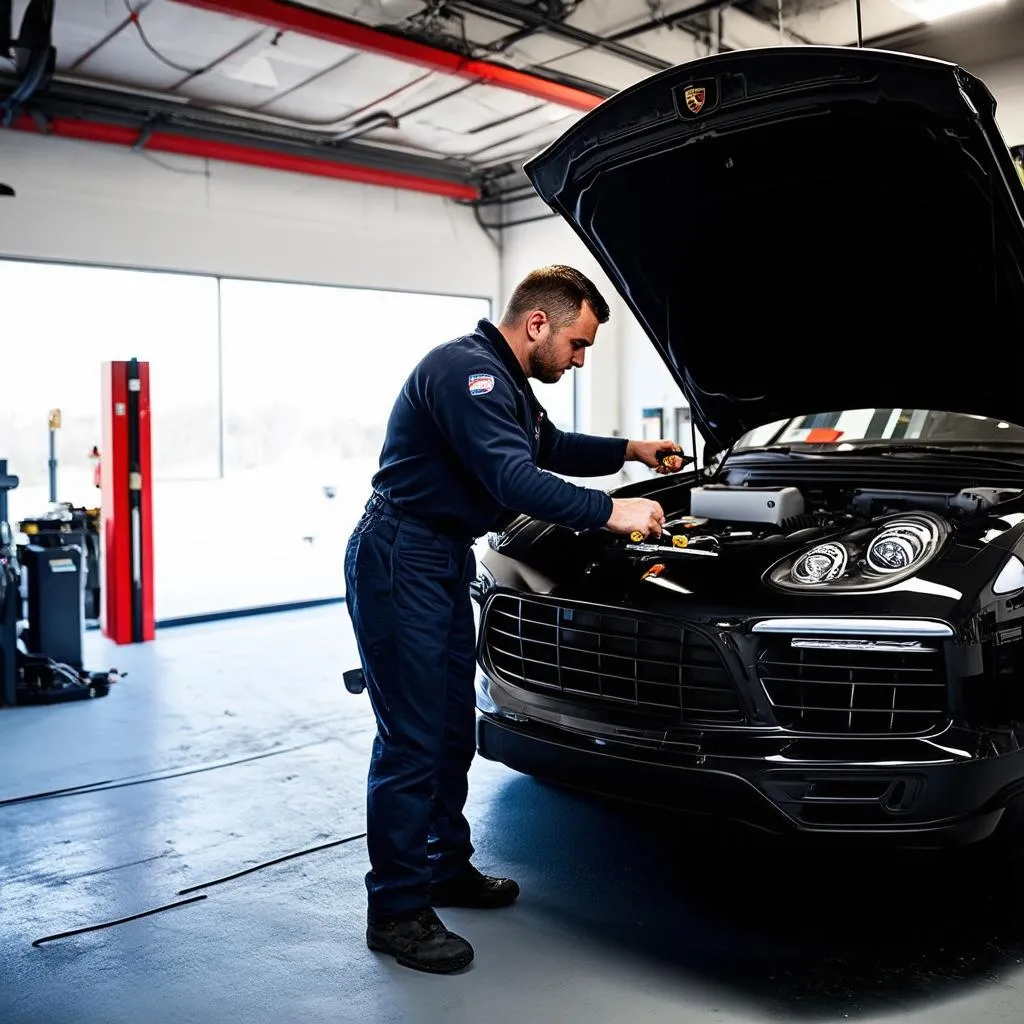 Mechanic working on a Porsche Cayenne in a garage