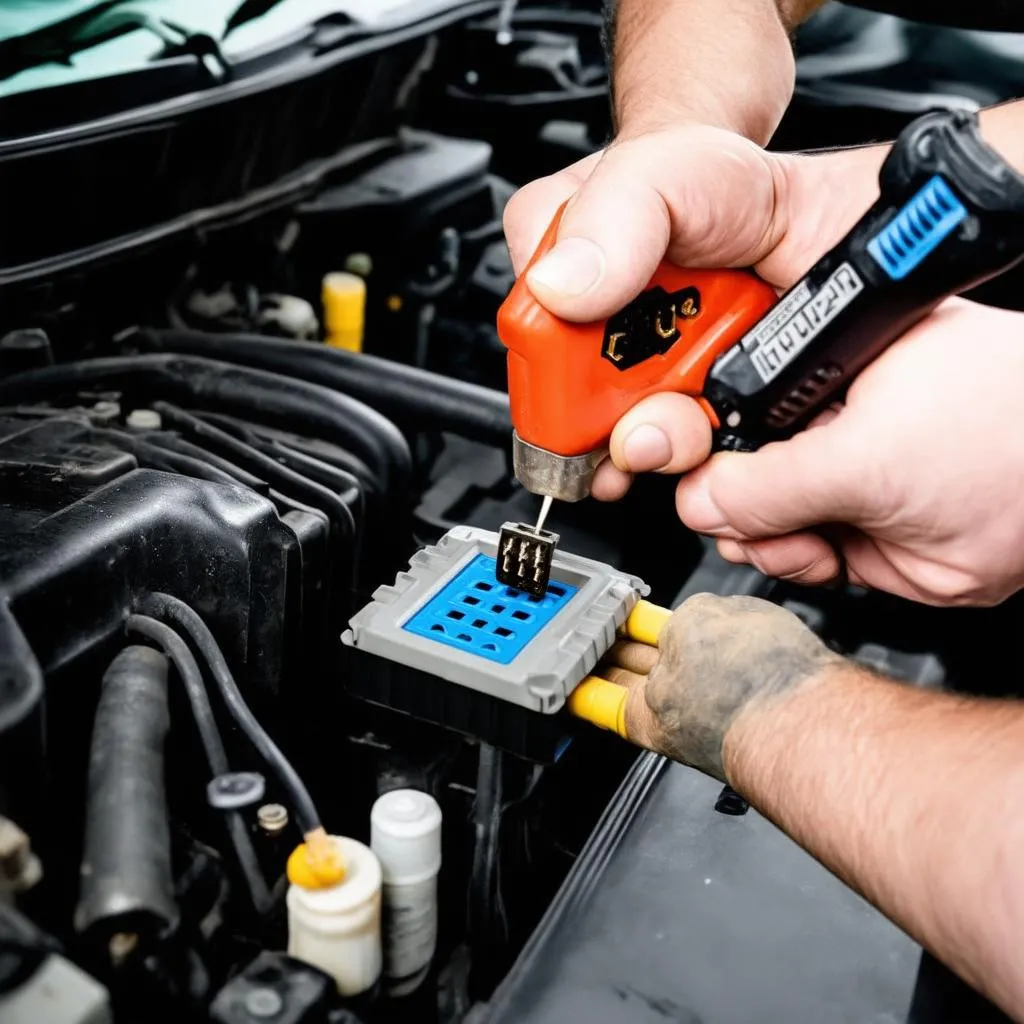 Car mechanic fixing OBD port