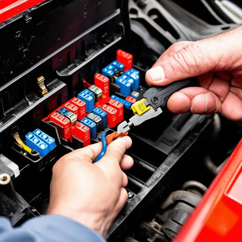 mechanic replacing car fuse