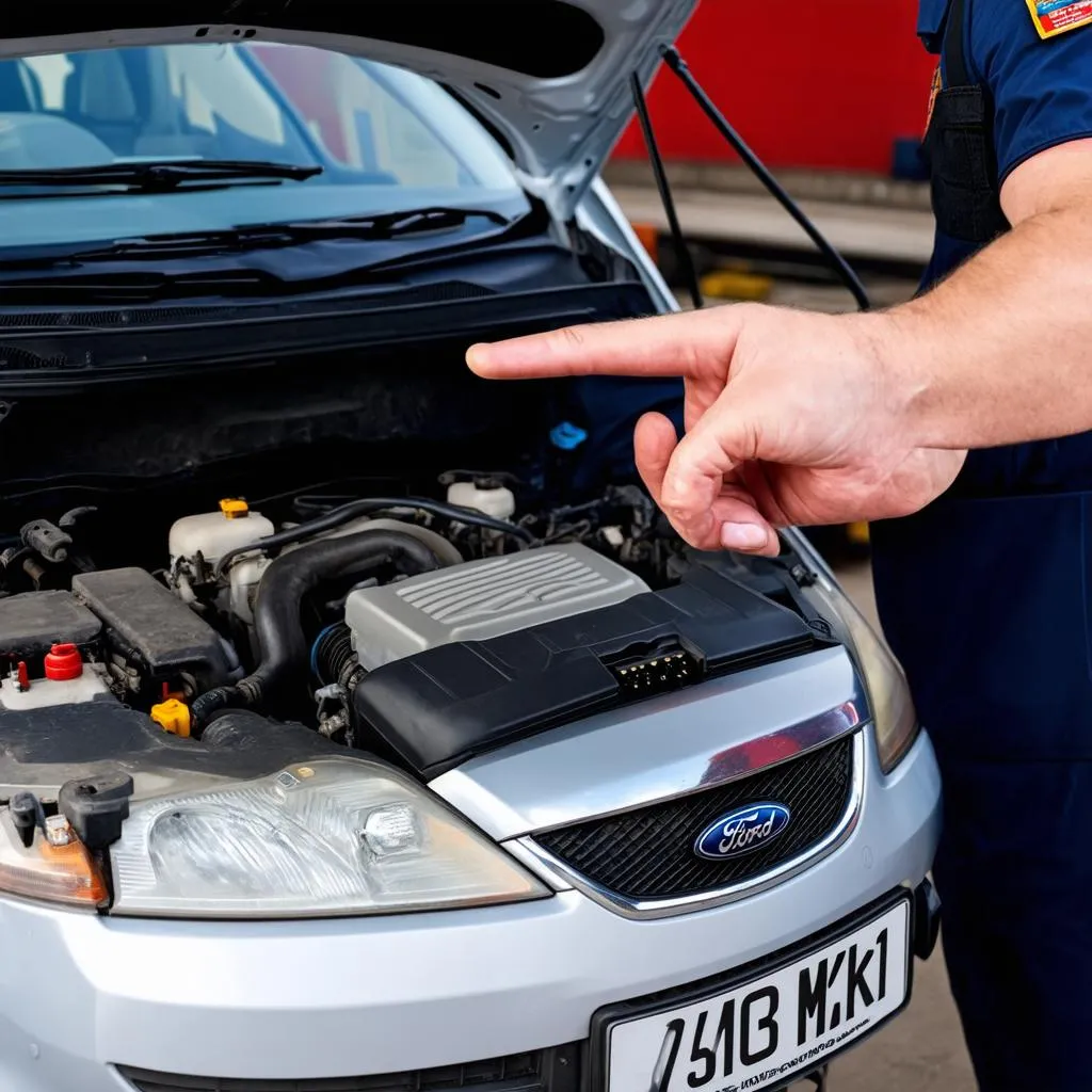 Mechanic Showing OBD Port Location on a Ford Mondeo MK2