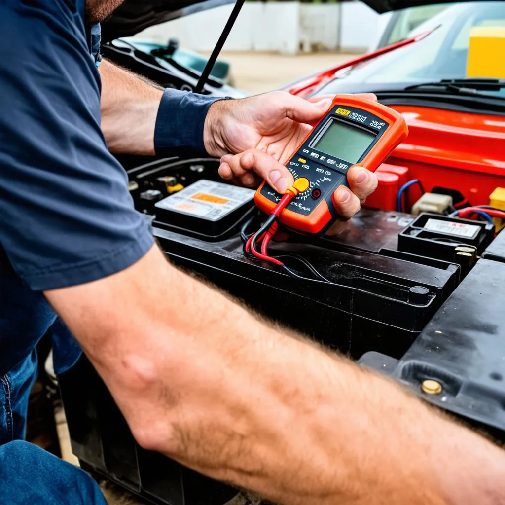 Mechanic Testing Car Battery