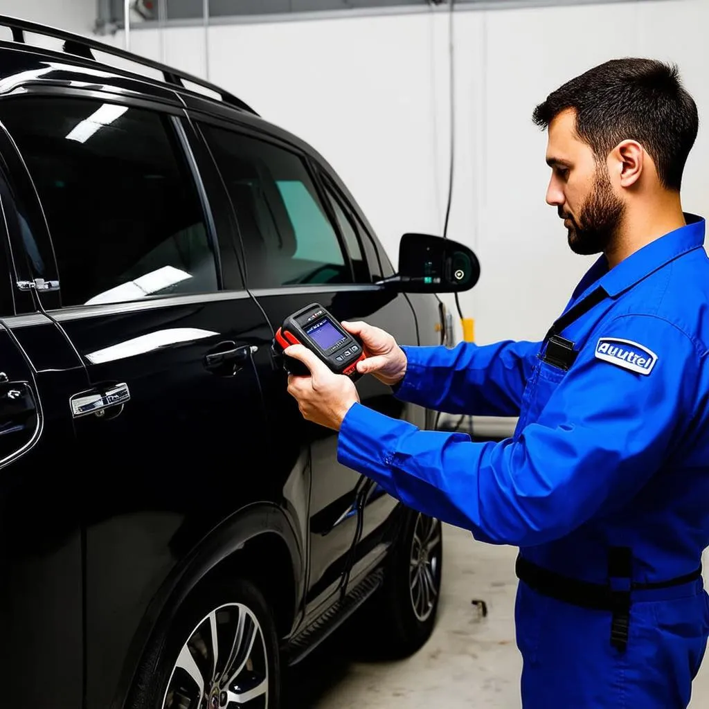 A Mechanic using an Autel MaxiCOM MS906BT OBD2 Scanner to diagnose a car problem.