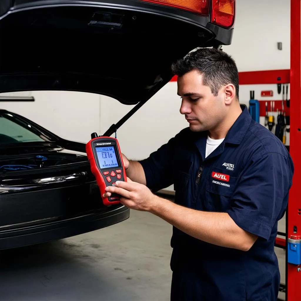 A mechanic using an Autel scanner to diagnose a car problem