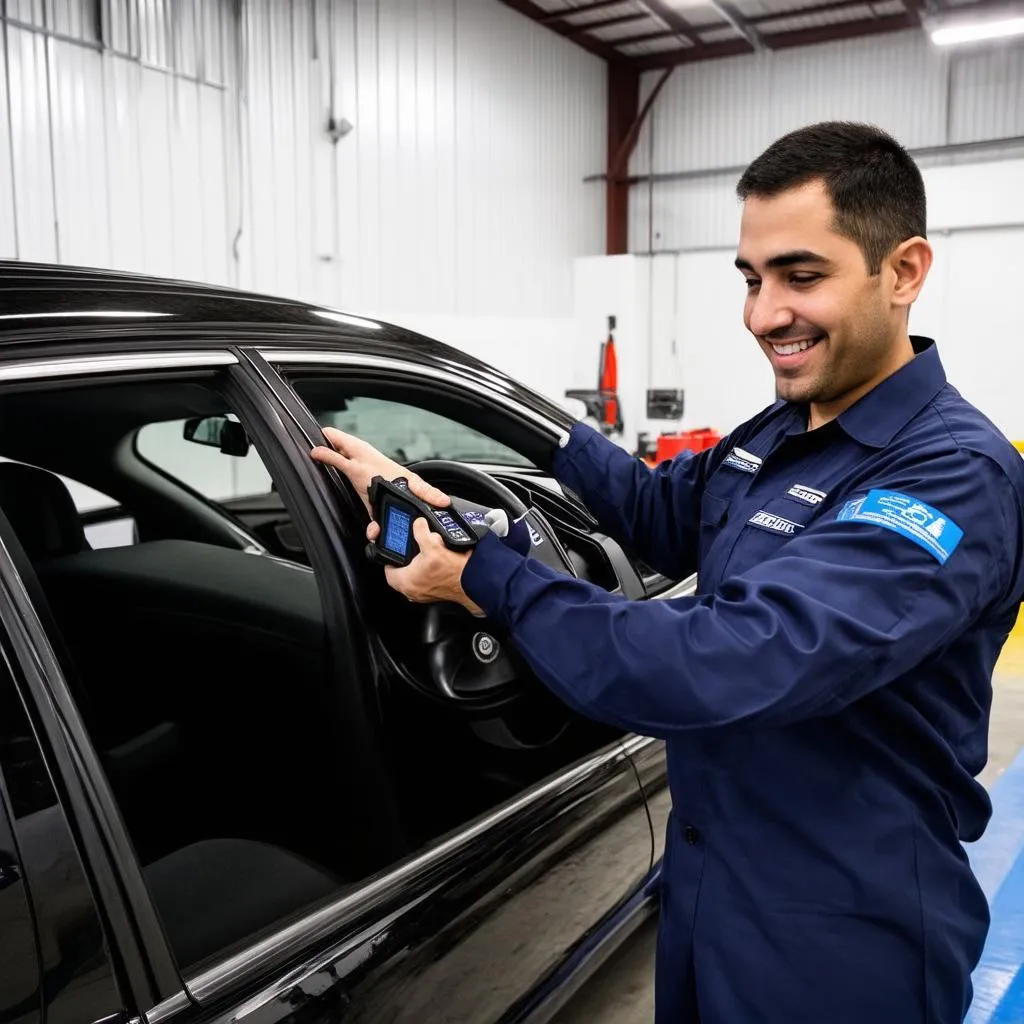 A mechanic is using a BARS Professional OBD scanner to diagnose a problem with a car. The mechanic is smiling and looks confident. The car is a late-model European luxury sedan. 