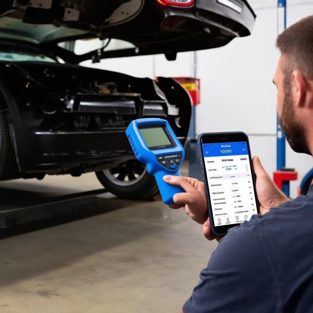 Mechanic Using BlueDriver to Diagnose a Car Problem