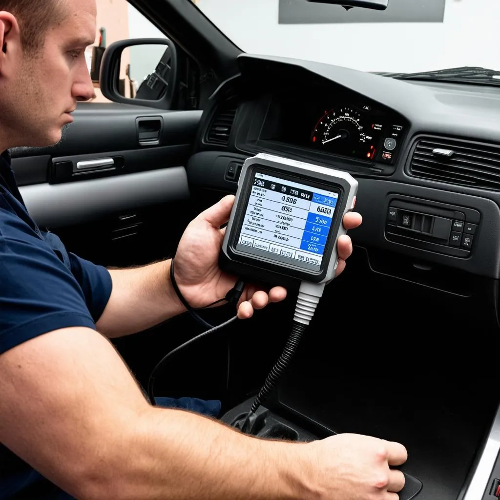 Mechanic using a dealer scanner on a Volkswagen Jetta