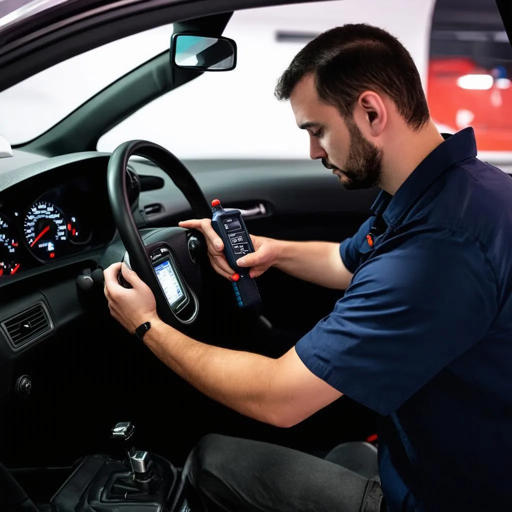 Mechanic using a diagnostic scanner