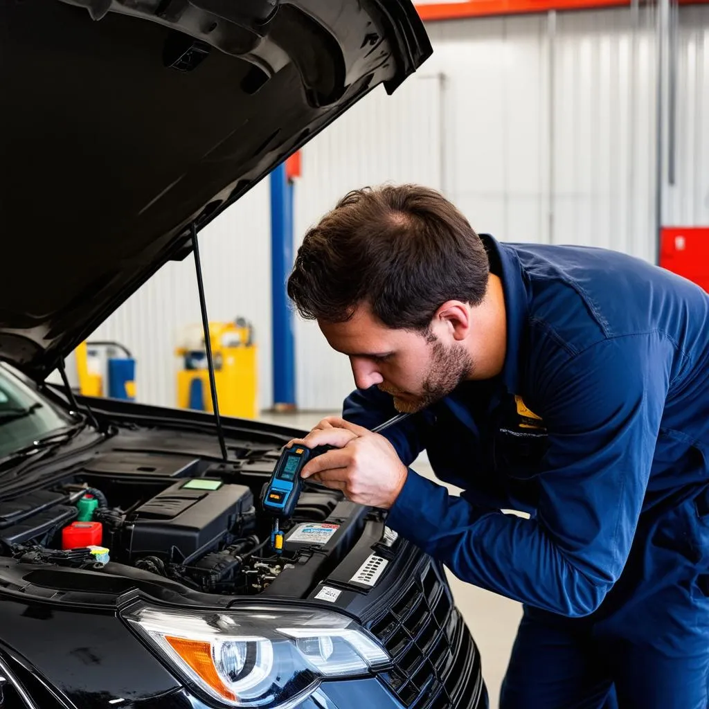 Mechanic Using Diagnostic Scanner on Car