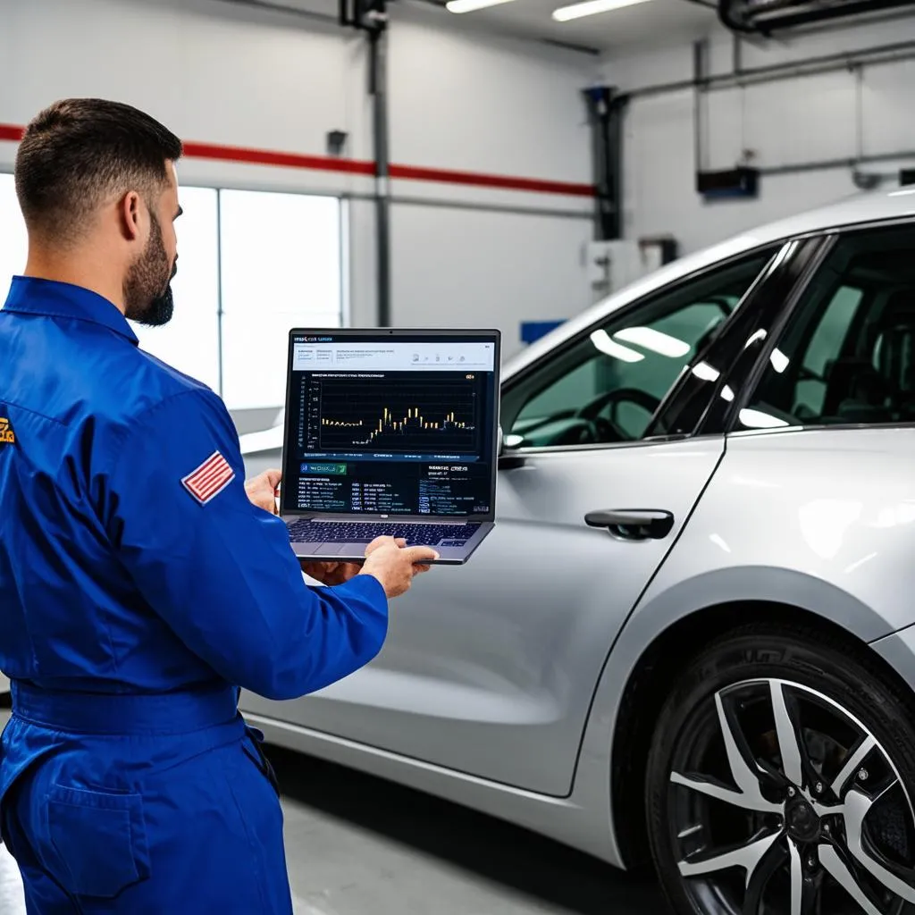 Mechanic Analyzing Car Diagnostics on Laptop