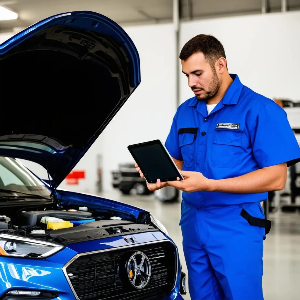 Mechanic Using Diagnostic Software on Tablet