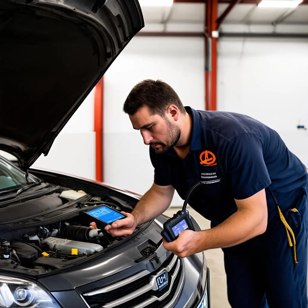 car mechanic using a professional diagnostic scanner on a car