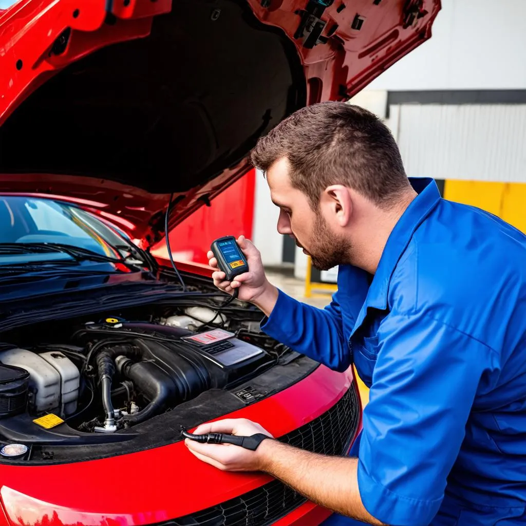 A mechanic using a diagnostic tool on a car