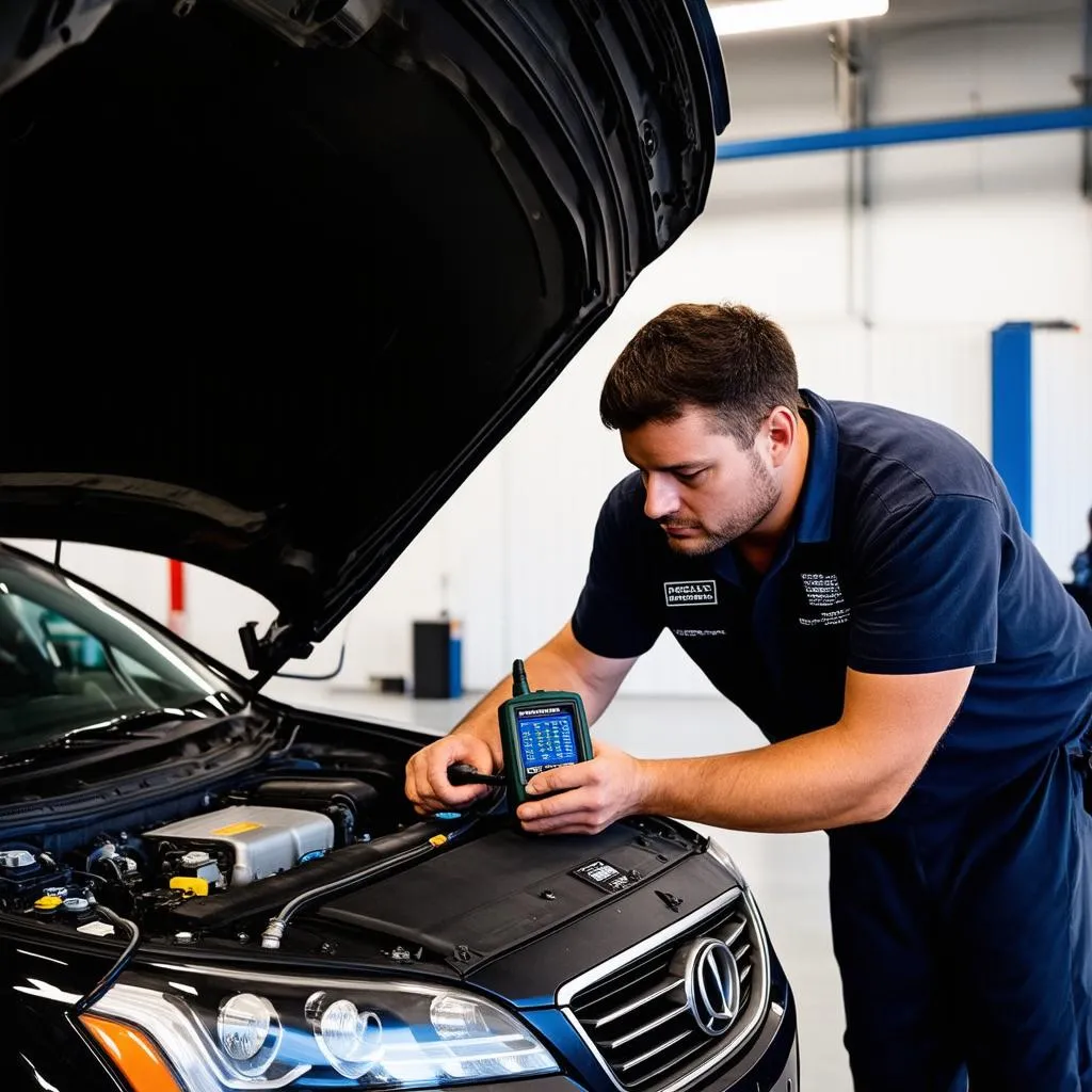 Mechanic using a diagnostic tool to analyze a car's computer system