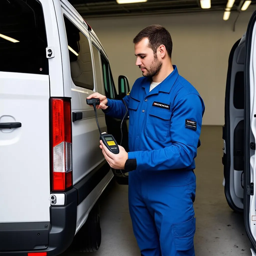 Mechanic using a diagnostic tool on a Dodge Sprinter van