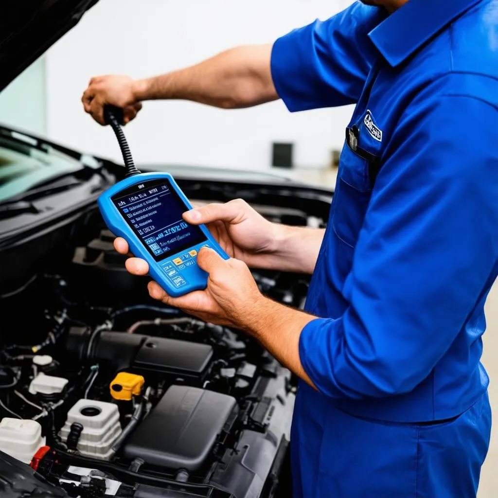 Mechanic Using a Diagnostic Tool on a Car