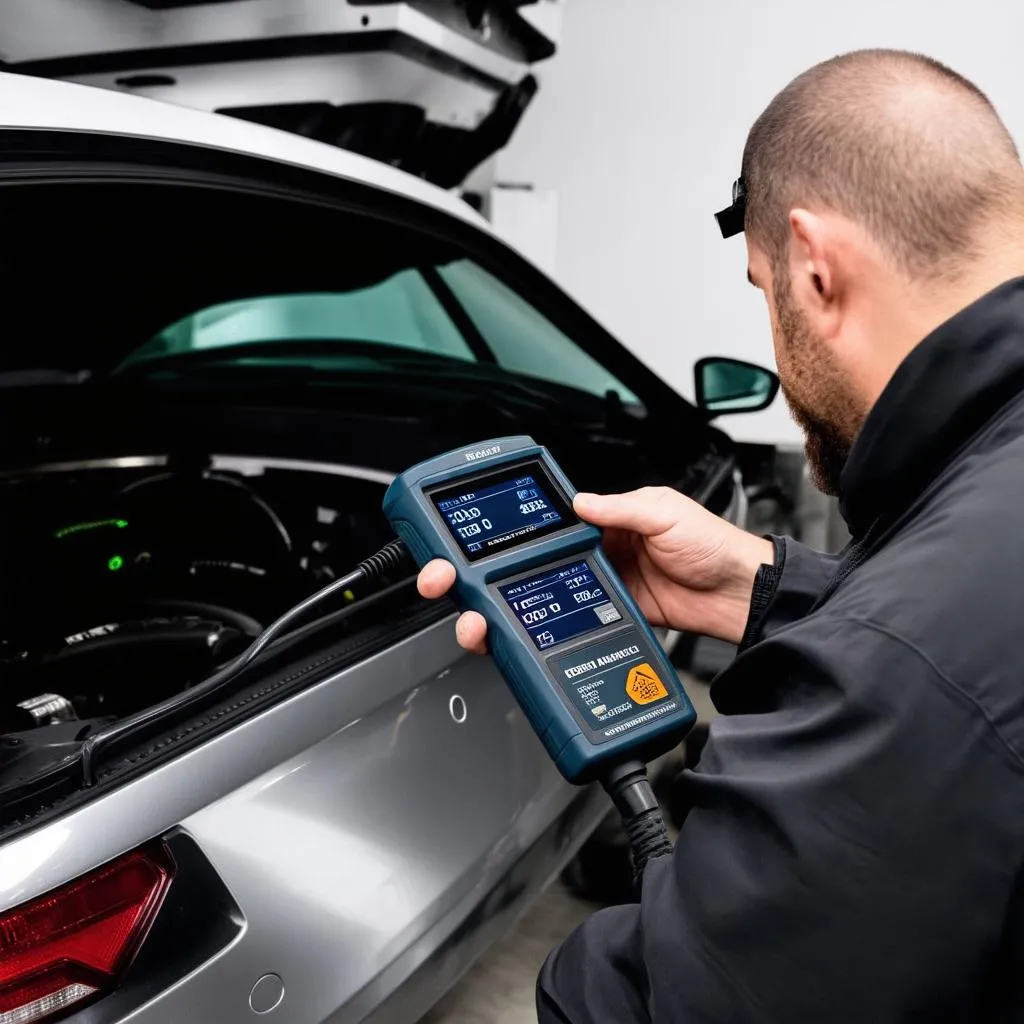 Mechanic Using Diagnostic Tool on a European Car