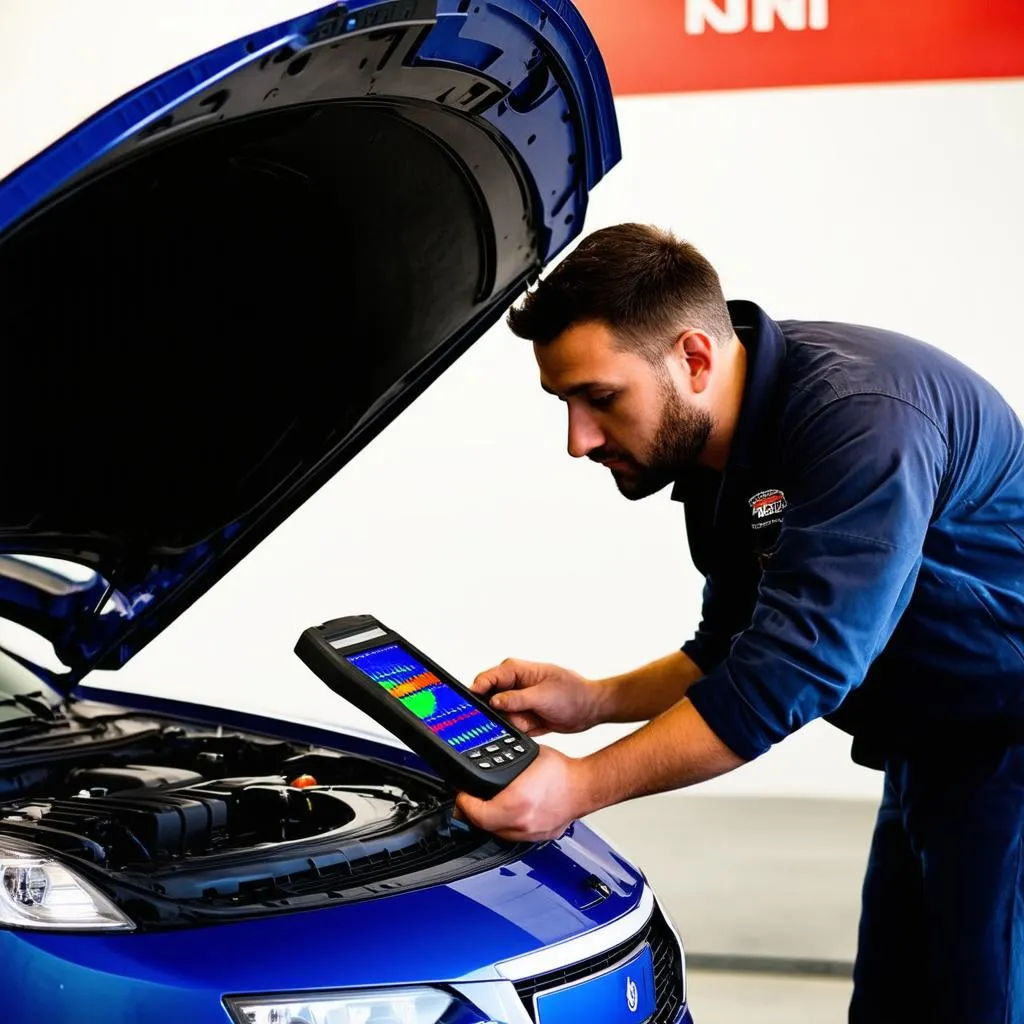 Mechanic Using Diagnostic Tool on Car