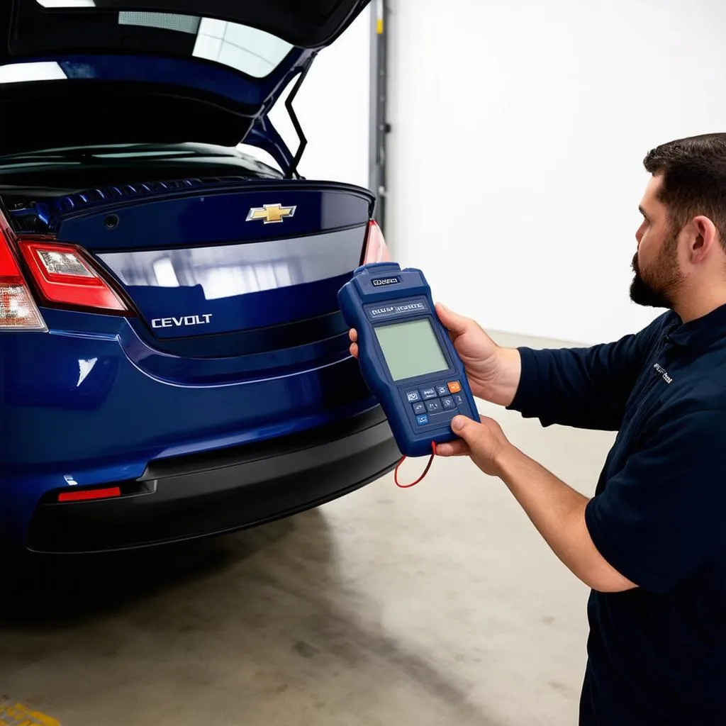 Mechanic using a diagnostic tool on a Chevy Volt