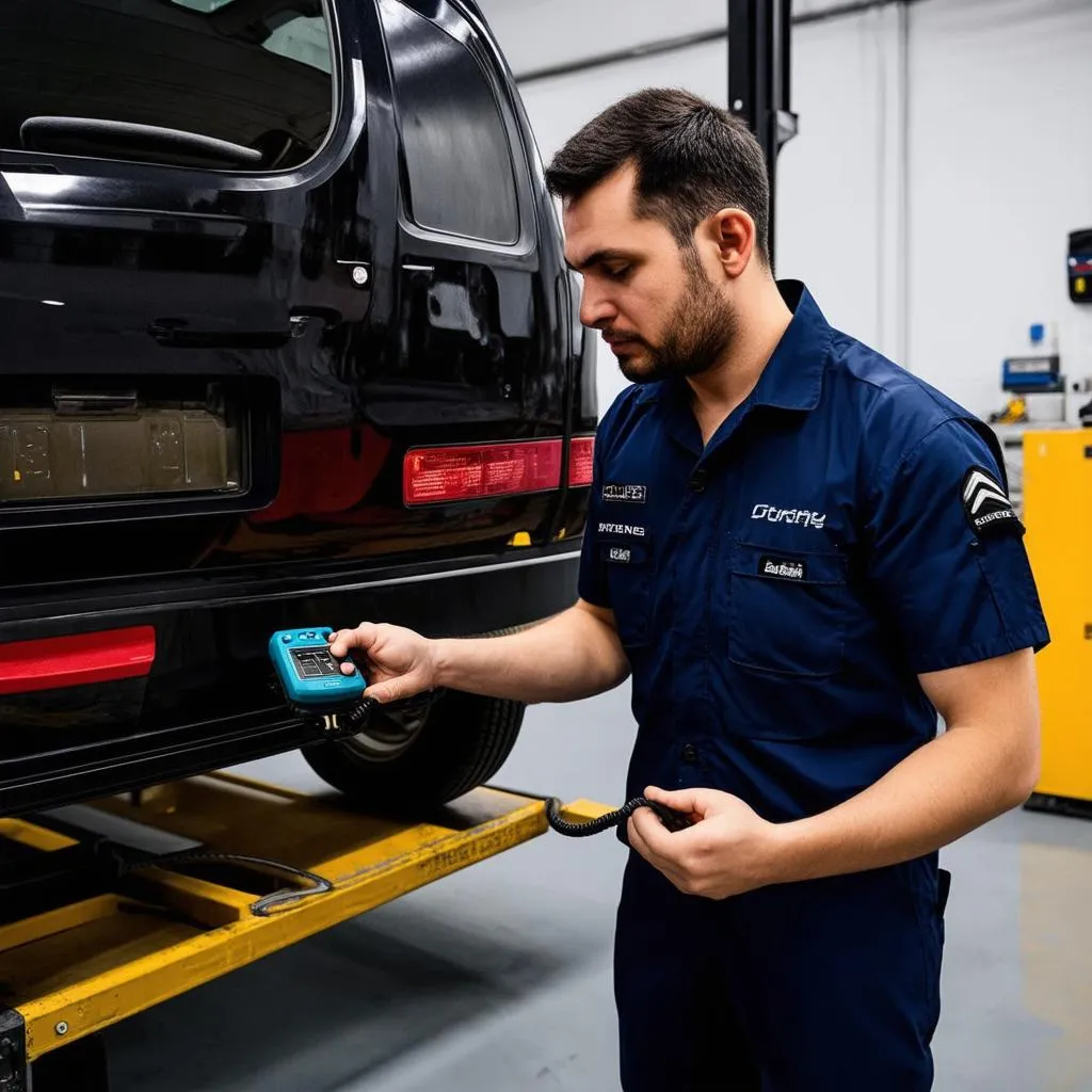 Mechanic Using Diagnostic Tool on Citroen Berlingo