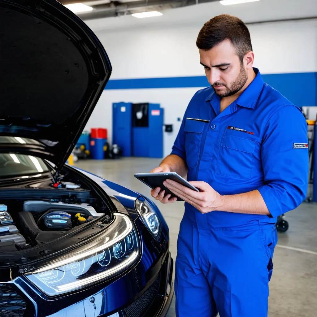 Mechanic using digital tablet to diagnose car problems