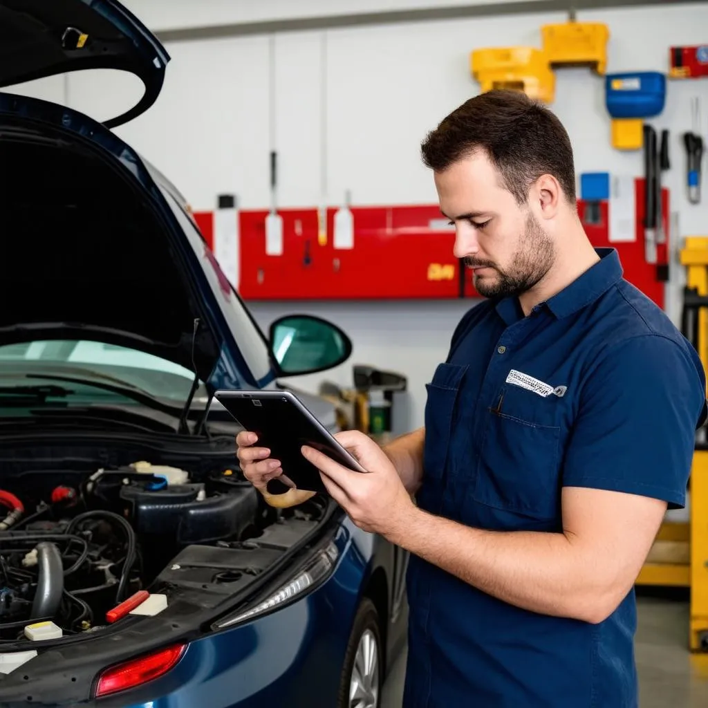 Mechanic using digital tablet in repair garage