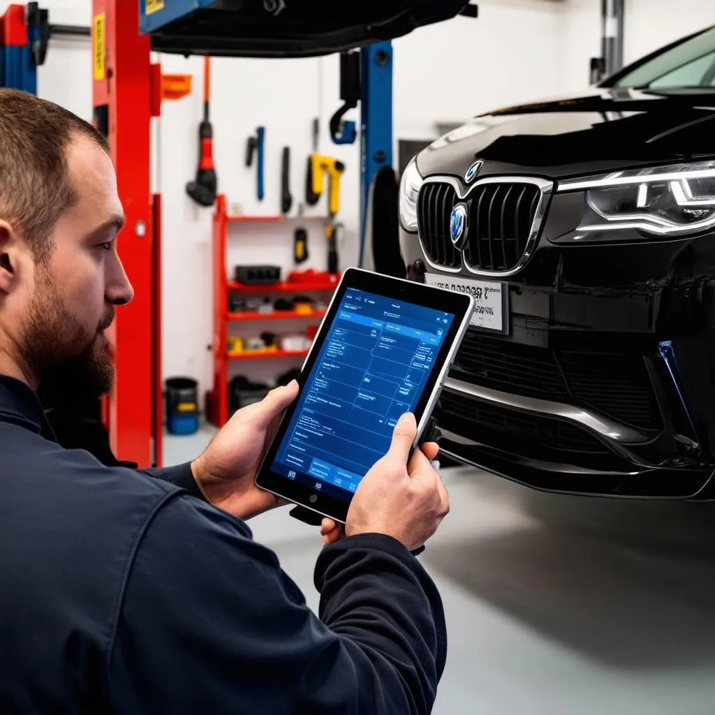 Mechanic Using Digital Tablet in Repair Shop