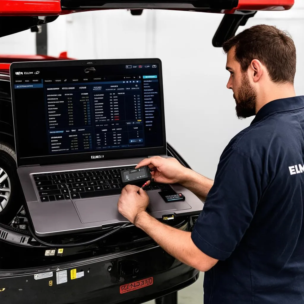 Mechanic using ELM327 to diagnose a car