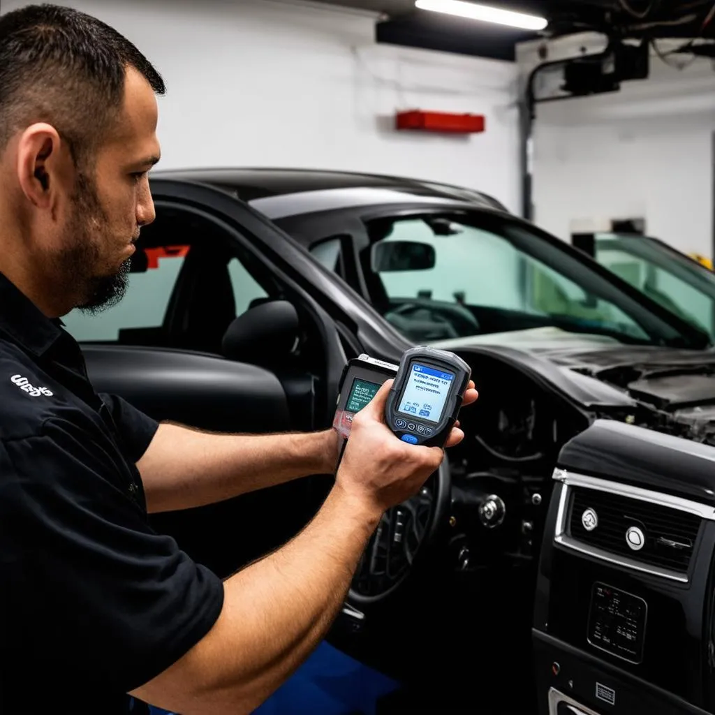 Mechanic using Genisys OBD II scanner in workshop