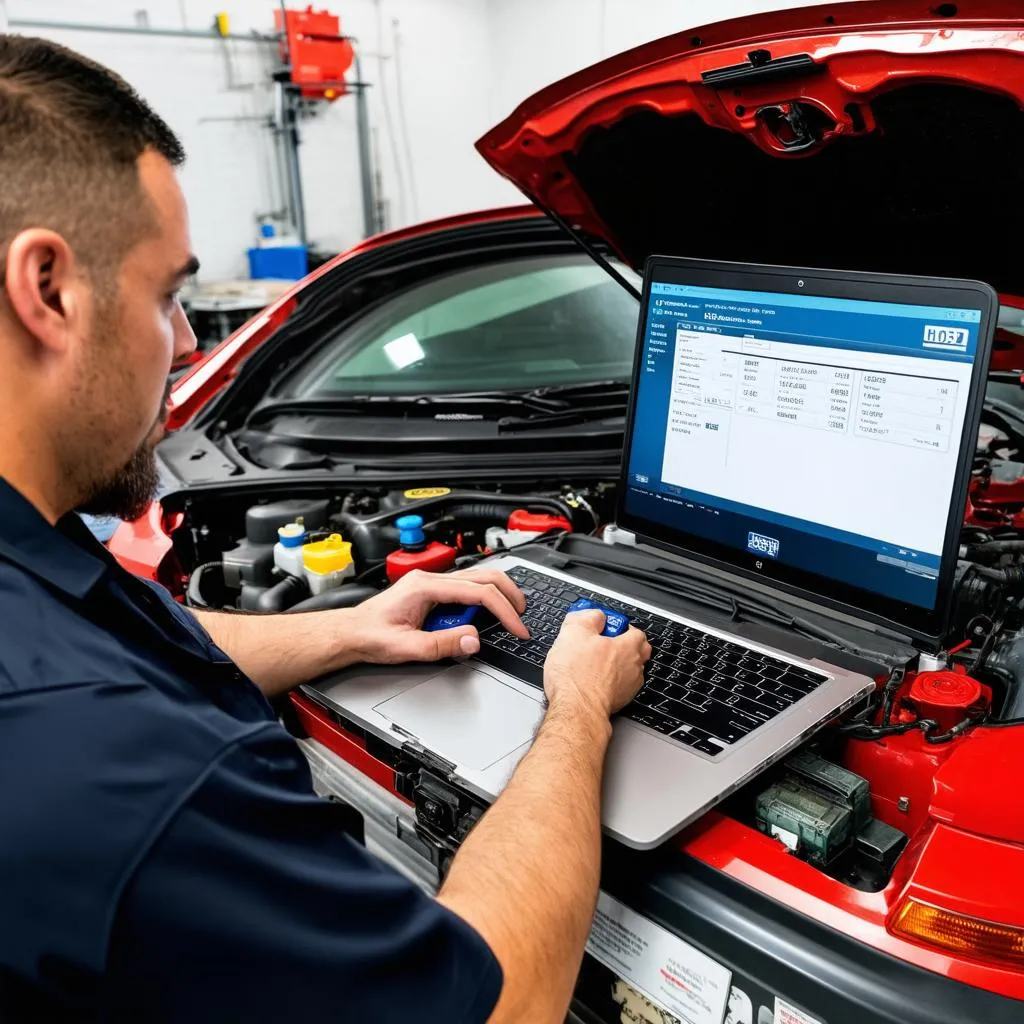 Mechanic Using Laptop for Car Diagnostics