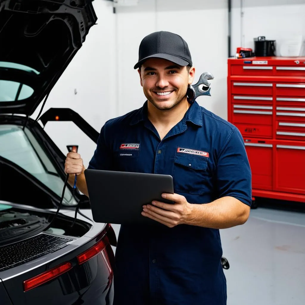 Mechanic Using Laptop