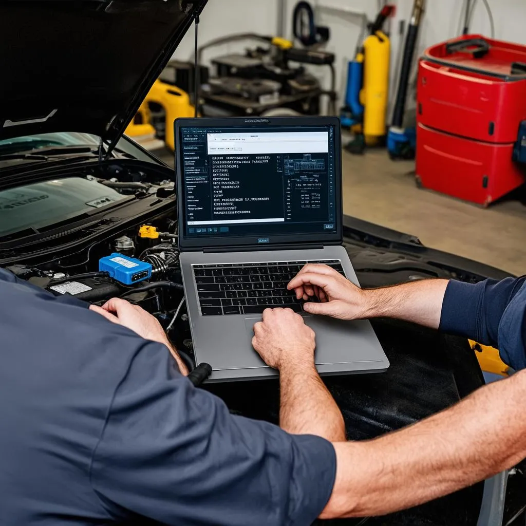 Mechanic using laptop to diagnose car