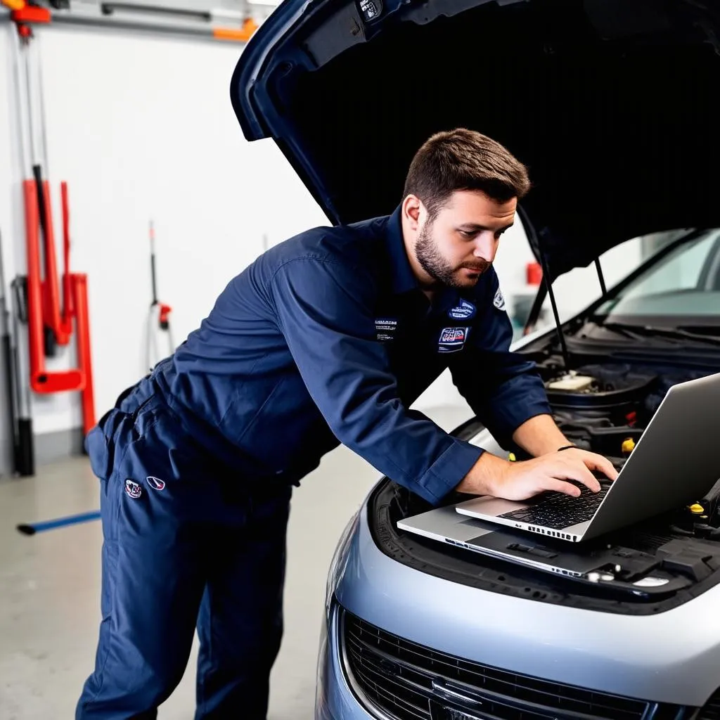 Mechanic Using Laptop for Car Diagnostics