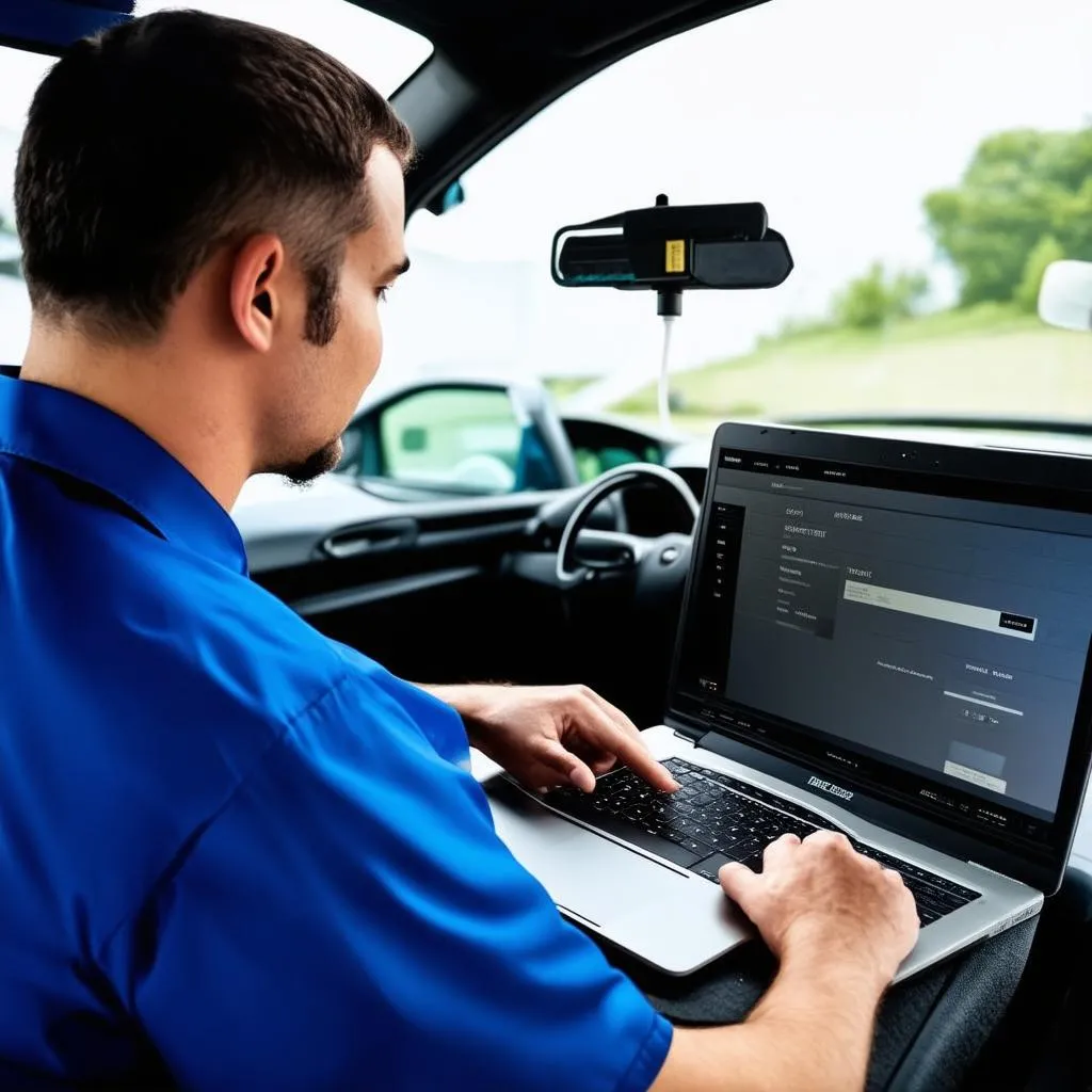 Mechanic using a laptop to run car diagnostics