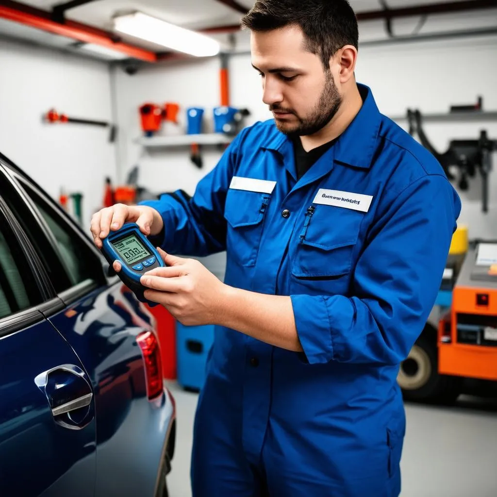 Mechanic using an OBD reader in a workshop