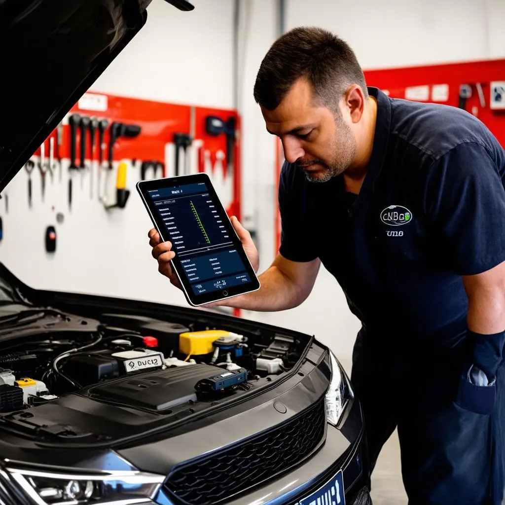 Mechanic using a Bluetooth OBD reader and iPad to diagnose a car