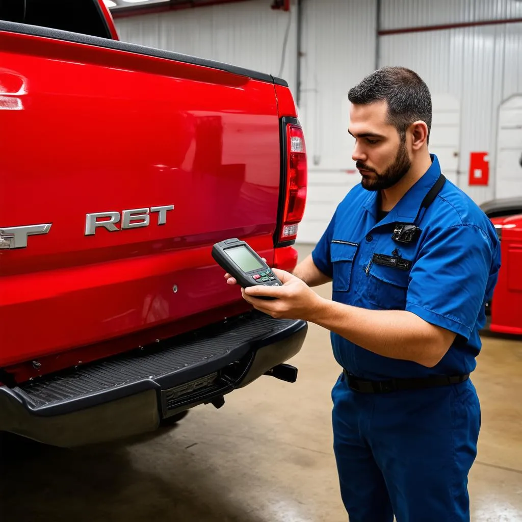 Mechanic Using OBD Scanner on a Chevy Truck