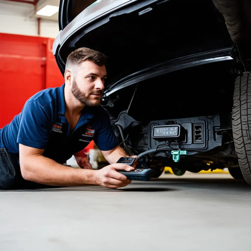 A mechanic using an OBD scanner on a car