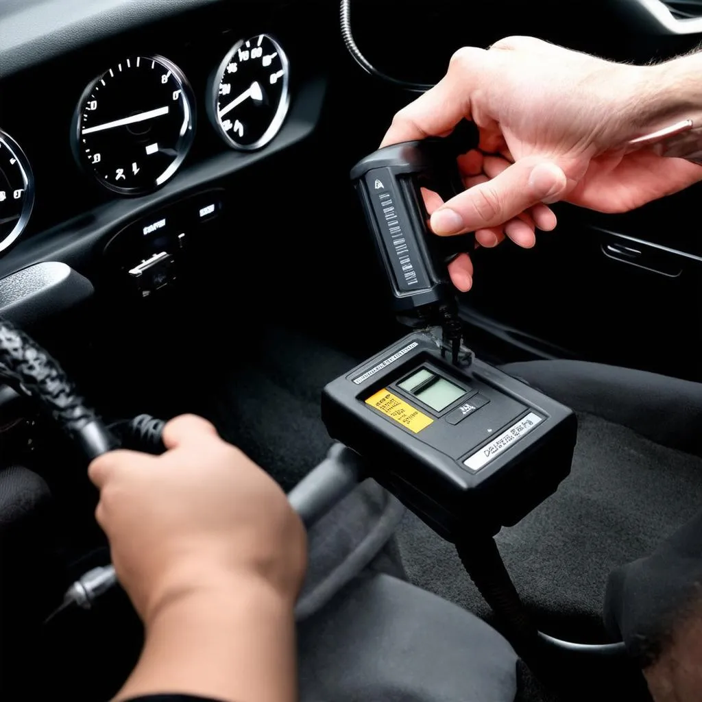 Mechanic using an OBD-II scanner on a Mercedes C240