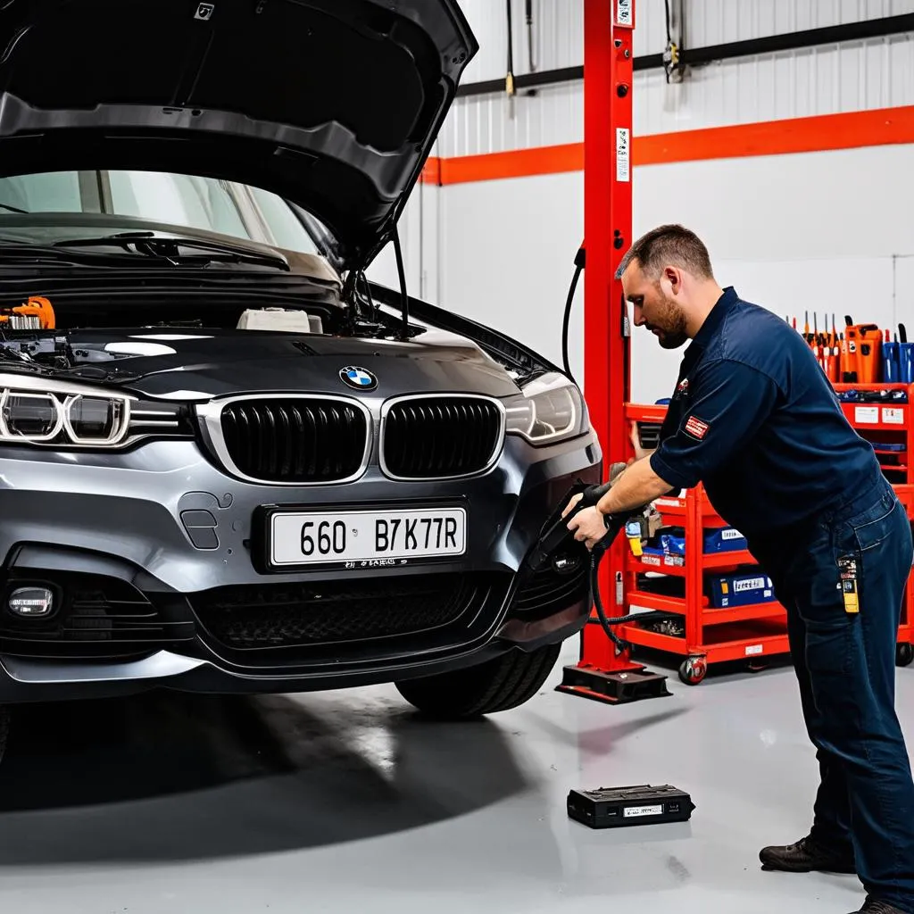 Mechanic using OBD scanner on a BMW 328i